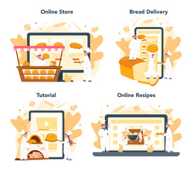 Baker and bakery online service or platform set. Chef in the uniform