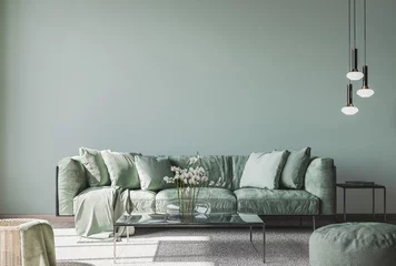 Fotobehang living room interior mock up, modern furniture and trendy home accessories, on colored background © lilasgh