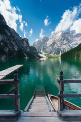 Braies Lake, Dolomites, Italy. Morning shots of this famous mountain scenery located in South Tyrol. 