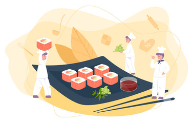 Restaurant chef cooking rolls and sushi. People in apron with cooking