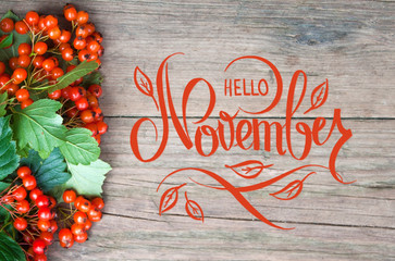 Autumn leaves composition on old wooden background. Great season texture with fall mood. Nature background with hand lettering Hello November.