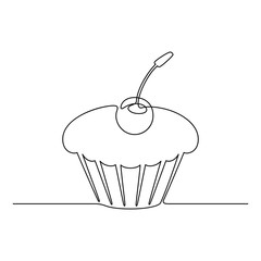 Continuous line drawing. Cupcake with cherry. Black isolated on white background. Hand drawn vector illustration. 