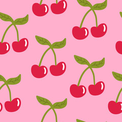 Cartoon cherry seamless pattern with hearts and dots.  Fruit background. Wrapping paper, textile, cover, infinity card. Vector illustration. 