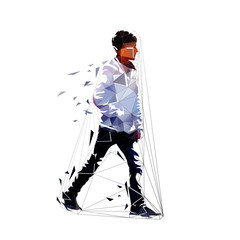 Walking boy, side view. Isolated low poly vector illustration. Young student going with hands in pockets. Geometric drawing