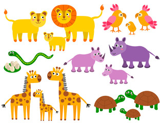 Obraz premium Cute lion and parrot, snake and rhino, giraffe and turtle families. Cartoon African wild animals in childlike flat style isolated on white background. Vector illustration. 