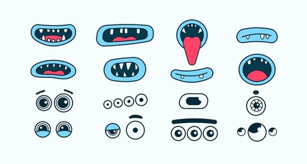 Create your own Monster concept. Funny mouths and eyes. Hand drawn isolated Vector set. Different Face expressions. Smile with teeth, sticking out tongue, screaming. Cartoon style. Simple flat design
