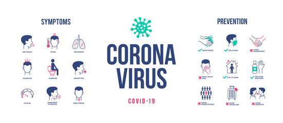 Fototapeta na wymiar Coronavirus design with infographic elements. Coronavirus symptoms and prevention. Novel coronavirus 2019-nCoV banner. Covid-19 pandemic. Vector illustration.