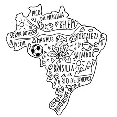 hand drawn doodle Brazil, Brasilia map. brazilian city names lettering and cartoon landmarks, tourist attractions cliparts.