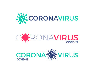 Fototapeta na wymiar Set of Coronavirus logo with virus symbol. Coronavirus headline. Covid-19 typography design. Vector illustration.