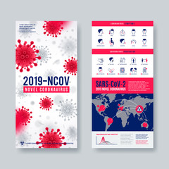 Coronavirus banner set with infographic elements. Novel coronavirus 2019-nCoV design. Concept of dangerous Covid-19 pandemic. Vector illustration.