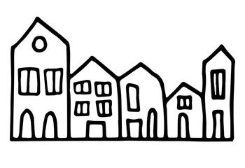 Hand drawn doodle houses with different tall. Scandinavian city.
