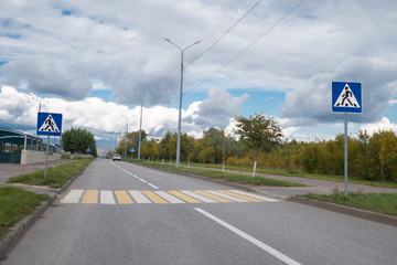 Asphalt road with traffic signs 'Pedestrian crossing' on both sides, white & yellow colored zebra crossing, streetlights, road plants. Blurred cars & buildings are on background © Poliorketes