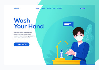 Ilustration wash your hand to protect covid 19 landing page design template