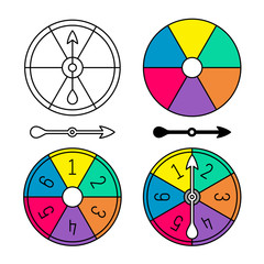 Board game color spinner with numbers set. Different style arrows and round body separate. Color sectors circle. Adjustable stroke width. - 343494745