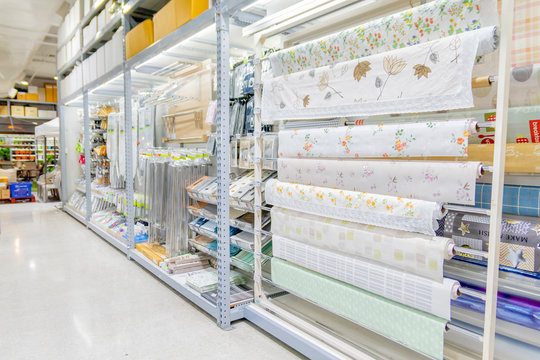Many patterns of plastic tablecloth on its rolls for sell in Homepro department store Huahin, Thailand April 30 ,2018