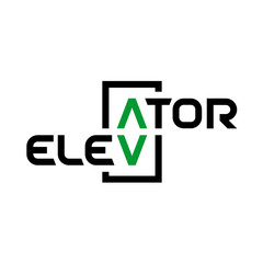 Elevator text logo. Stylized word elevator with panel button arrows up and down as letters A and V. - 343494904