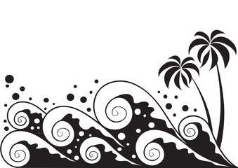 stylized image of waves and pilm in black style, isolated object on a white background, vector illustration,