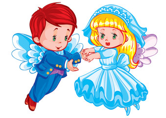 bride and groom take off on the wings of happiness, isolated object on a white background, vector illustration,