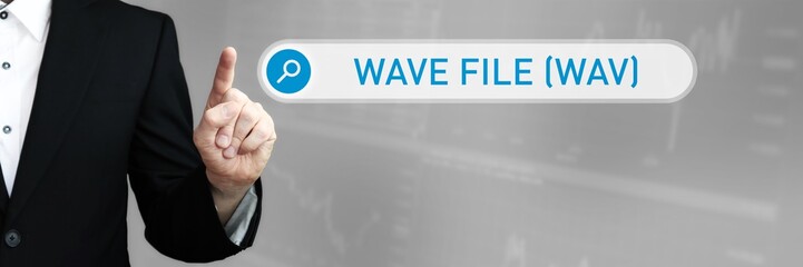 Wave File (WAV). Man in a suit points a finger at a search box. The word Wave File (WAV) is in the search. Symbol for business, finance, statistics, analysis, economy
