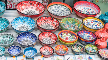 Traditional Cyprus painted ceramic dishes for sale at Nicosia, Cyprus.
