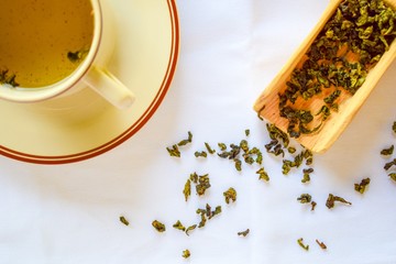 Aromatic green dry tea spread on the table. Green tea served with tea cup.