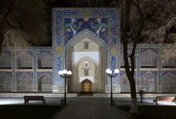 Bukhara, Nodir-Divan-Begi madrassah at night. Uzbekistan