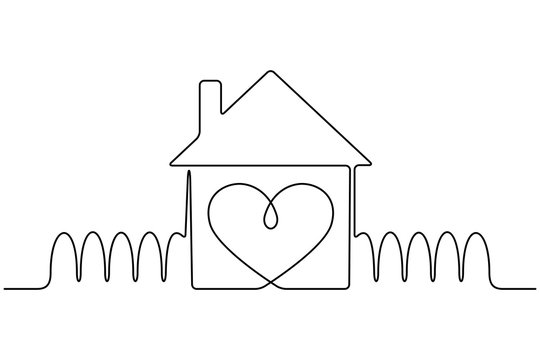 Continuous line drawing. House with heart. Love symbol. Black isolated on white background. Hand drawn vector illustration. 
