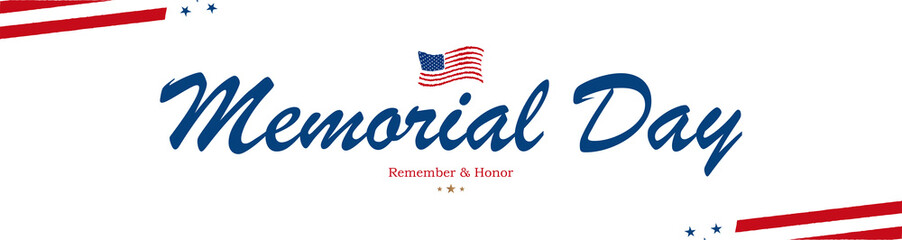 Happy Memorial Day. Greeting card with USA flag on white background with lettering typography. National American holiday event. Flat vector illustration EPS10