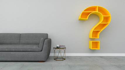 Big question mark on wall in living  room while renovating. Question problem Interior design, 3d rendering illustration. banner, space for text.Living area have sofa or armchair.