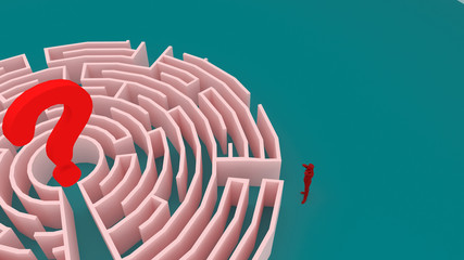 Businessman entrance  the maze. Concepts of finding a solution, problem solving, challenge etc. 3D rendering illustration.Confused, young businessman looking at the question mark.