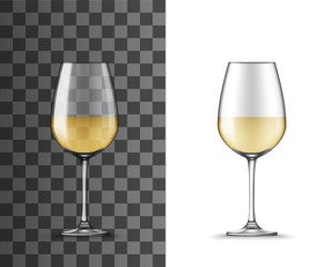 Wine glass cup with white wine, vector 3D realistic mockup. Wineglass with narrow bowl shape for sweet and dry wines, isolated table glassware mock up on transparent background