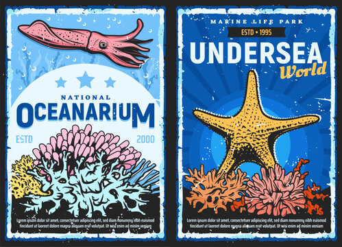 Oceanarium and undersea world, vector retro vintage posters. Wild underwater sea and ocean animals, fishes and mollusks, cuttlefish, starfish and corals aquarium in zoological park