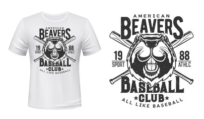 Baseball sport club, vector print on t-shirt mockup. American beavers baseball team or varsity league badge with bats for t shirt © Vector Tradition