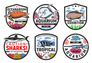 Oceanarium, undersea world aquarium and tropical fish exhibition, vector icons. Wild underwater sea and ocean monsters, animals and exotic tropical fishes exhibition, sharks no swimming warning sign