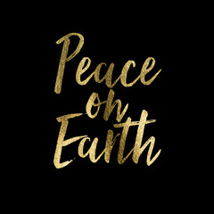 Peace on earth festive christmas phrase in sparkling golden glitter text