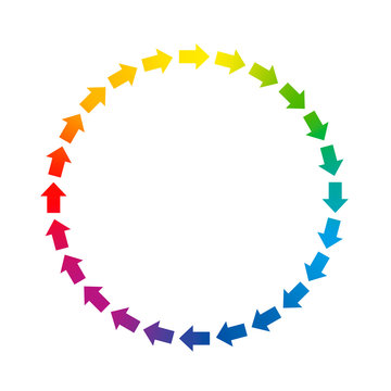 Arrows circle. Circuit symbol with rainbow gradient colored arrows. Isolated vector illustration over white background.
