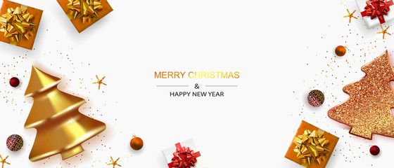 Fototapeta na wymiar Merry Christmas and happy new year. Xmas background. New Year horizontal Background with Sparkling Christmas tree and Abstract Gold Christmas Trees.