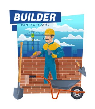 Builder worker, masonry brickwork and house building, vector poster. Mason profession, man at construction site laying bricks on cement with trowel in uniform and hardhat, construction crane winch