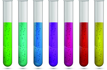 Vector transparent glass test tubes with colored liquids and bubbles
