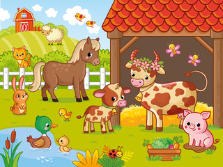 Farm with animals in cartoon style. Vector illustration with pets. Large set.