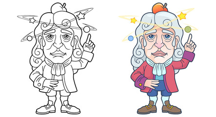 cartoon brilliant scientist physicist Isaac Newton, funny illustration