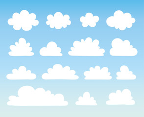 Vector illustration with a collection of white clouds on a blue background.