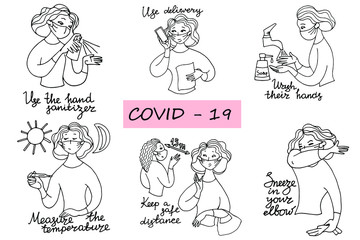 Girl shows rules of conduct during a pandemic, black and white image, vector illustration, doodle