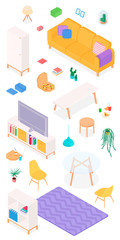 Set of isometric furniture and accessories. Vector collection. Illustration in flat design.