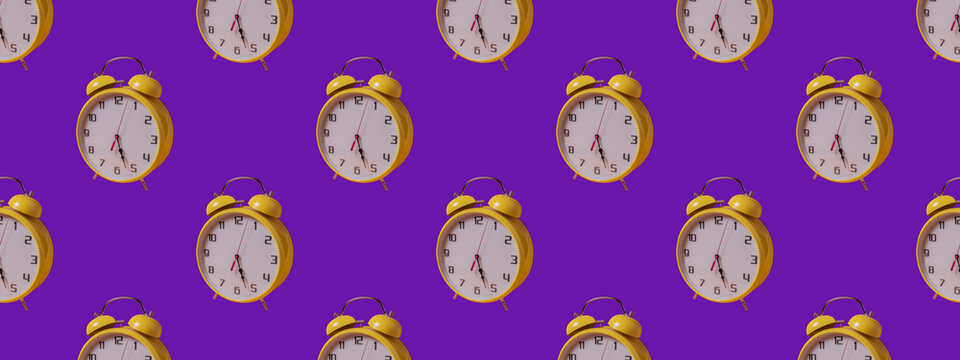Seamless Pattern made with yellow clock image on purple background. - Powered by Adobe