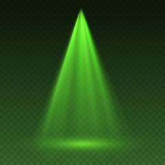 Light scanner or laser effect. Glowing stage ray isolated on transparent background. Vector projector scene spotlight. Shine ufo green beam template © Kindlena