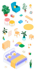 Set of isometric furniture and accessories. Vector collection. Illustration in flat design.