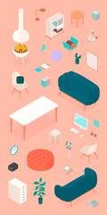 Set of isometric furniture and accessories. Vector collection. Illustration in flat design.