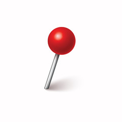 Pin with shadow isolated on white background. Vector red plastic pushpin, 3d board tack or sewing needle template