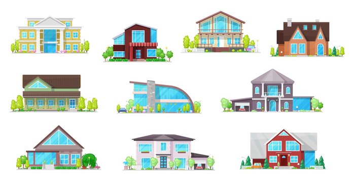 Real estate private buildings vector icons. Isolated villas, cottages and bungalow. Cartoon modern, classic design residential homes, village real estate townhouses residence apartments, property set